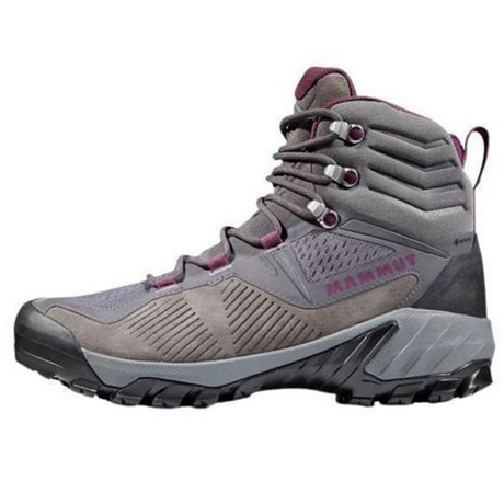 Side view of women's mammut sapuen high GTX hiking boot, dark titanium/light grape colour