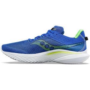 Inner side view of men's Saucony Kinvara 14 running shoe in superblue/slime colour