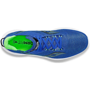 Top view of men's Saucony Kinvara 14 running shoe in superblue/slime colour