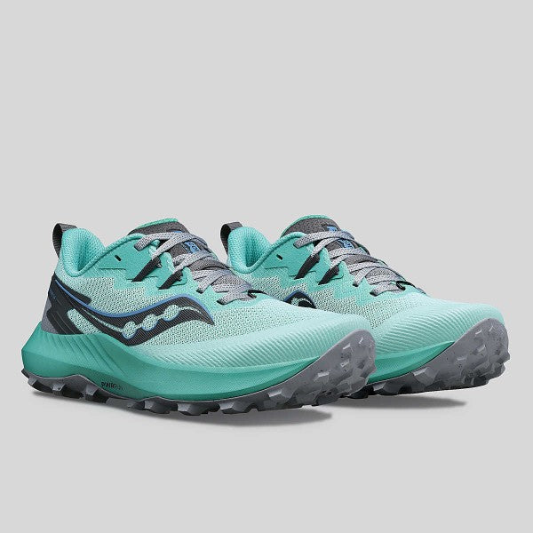 Pair of saucony peregrine 14 shoes in mint/shadow colour