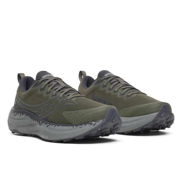 Pair of men's green/grey Saucony Ride TR3 Gore-Tex running shoes