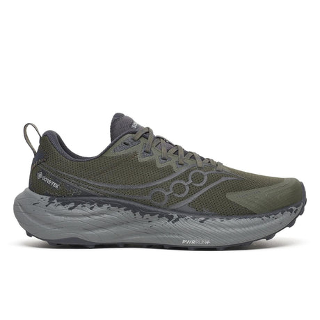 Side view of men's green/grey Saucony Ride TR3 Gore-Tex running shoe