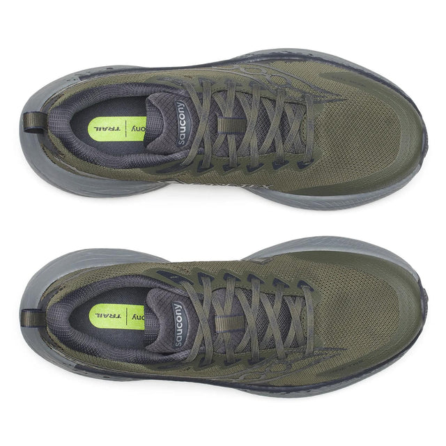 Top view of men's green/grey Saucony Ride TR3 Gore-Tex running shoes