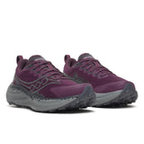 Pair of women's purple/grey Saucony Ride TR3 Gore-Tex running shoes