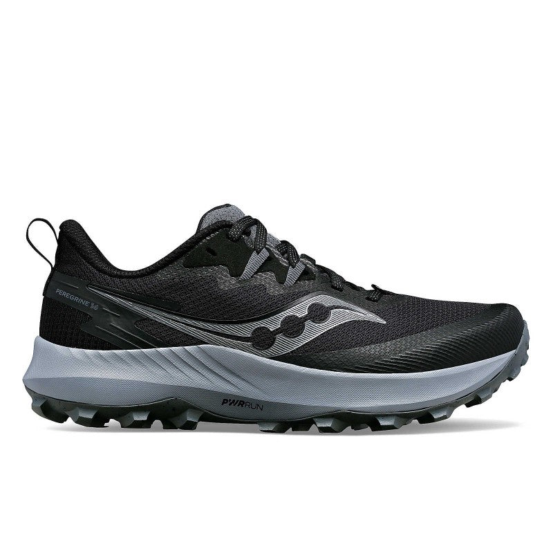 Side view of women's Saucony Peregrine 14 running shoe in black/carbon