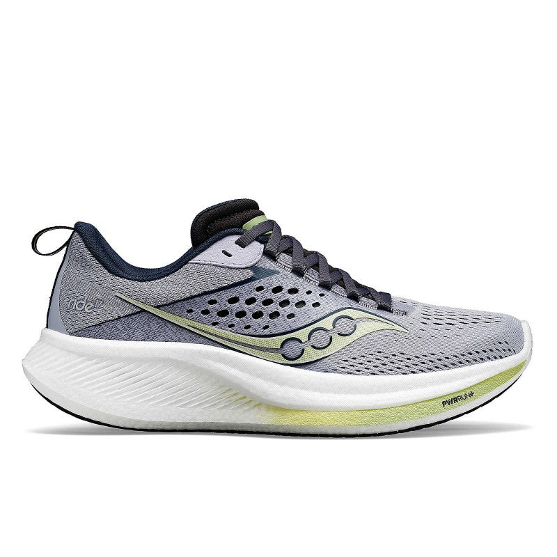 Side view of women's Saucony Ride 17 running shoe in iris/navy colour