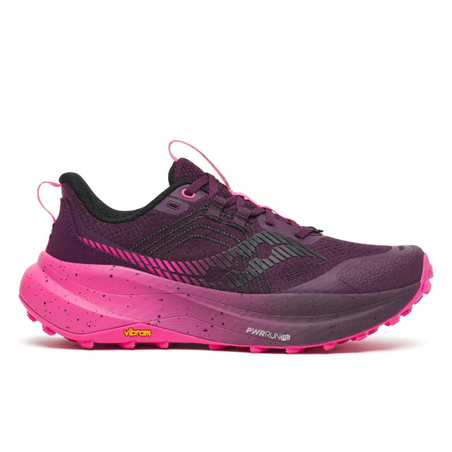 Side view of women's Saucony Xodus Ultra 4 in eggplant/pink colour