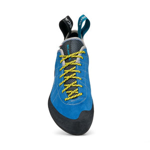 Front view of men's blue Scarpa Helix climbing shoe