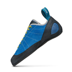 Inner side view of men's blue Scarpa Helix climbing shoe