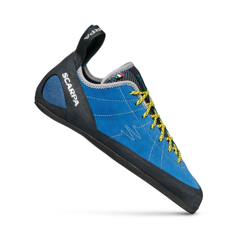 Side view of men's blue Scarpa Helix climbing shoe