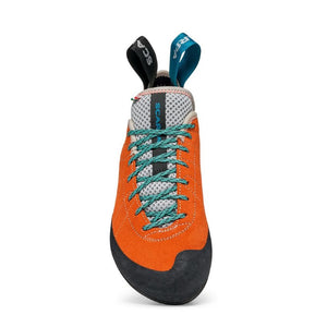 Front view of women's mandarin red Scarpa Helix climbing shoe