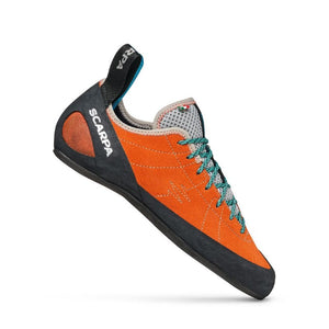 Side view of women's mandarin red Scarpa Helix climbing shoe