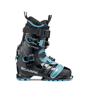 Side view of women's black/blue Scarpa TX Pro telemark boot