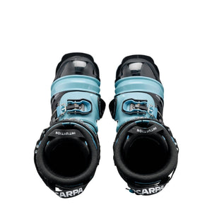 Top view of women's black/blue Scarpa TX Pro telemark boot