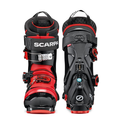 Front/back view of men's black/red Scarpa TX Pro telemark ski boots