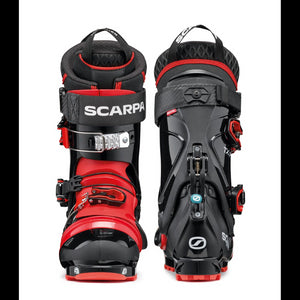 Front/back view of men's black/red Scarpa TX Pro telemark ski boots