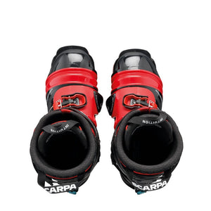 Top view of men's black/red Scarpa TX Pro telemark ski boots