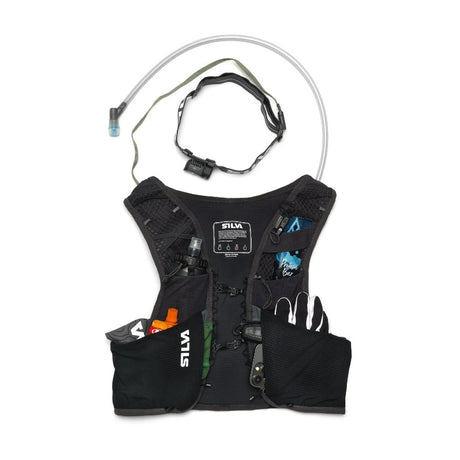 Front packed view of black Silva Strive 10 running vest