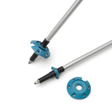 Tip detail of blue/silver Silva trekking poles