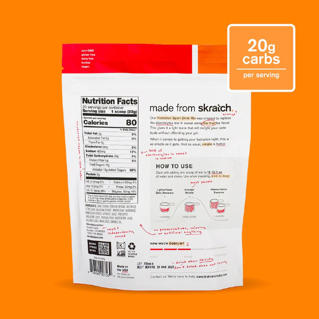 Back of skratch labs hydration sport drink mix 440g bag, fruit punch flavour