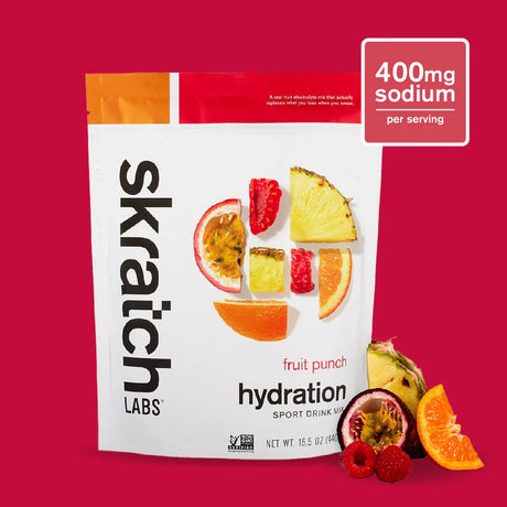 Front of skratch labs hydration sport drink mix 440g bag, fruit punch flavour