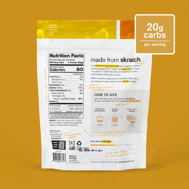 Back of skratch labs hydration sport drink mix 440g bag, pineapple flavour