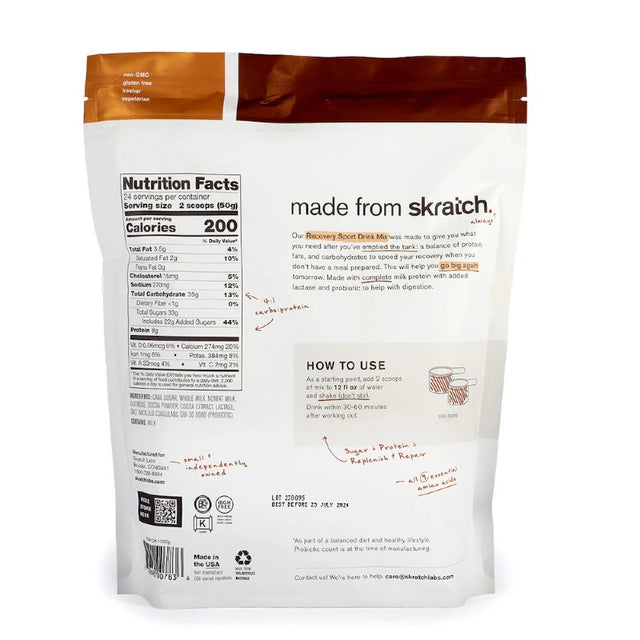 Back of skratch labs recovery sport drink mix 1200g bag, chocolate flavour