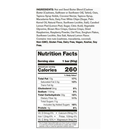 Nutrition facts for Skratch Labs raspberry lemon energy bar