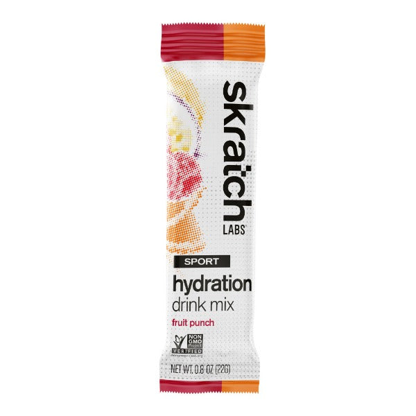 Single serving packet of fruit punch skratch labs sport hydration drink mix