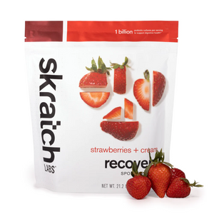 Resealable bag of strawberries + cream skratch labs sport recovery drink mix