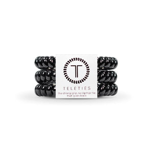 3-pack view of Teleties hair ties in jet black colour
