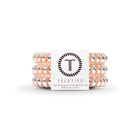 3-pack view of Teleties hair ties in millenial pink colour