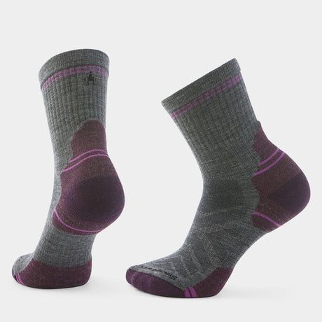 Pair of women's purple/grey smartwool hike targeted mid crew socks