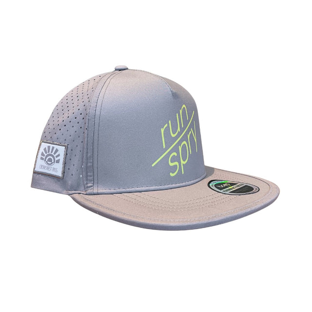 Grey technical trucker hat with run/spry branding