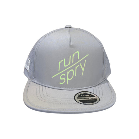Front view of grey technical trucker hat with run/spry branding