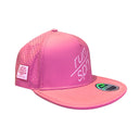 Pink technical trucker hat with run/spry branding