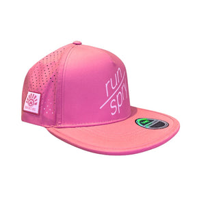 Pink technical trucker hat with run/spry branding
