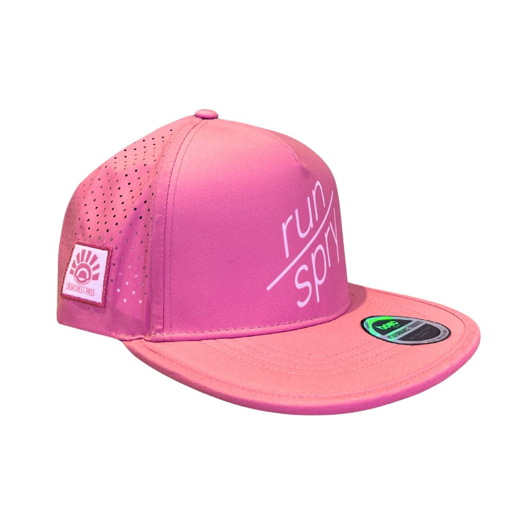 Pink technical trucker hat with run/spry branding
