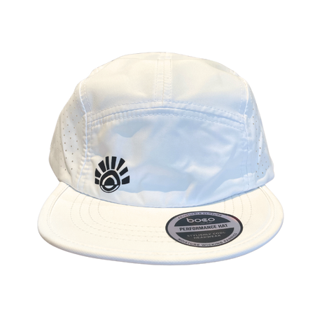 Front view of spry branded white running cap