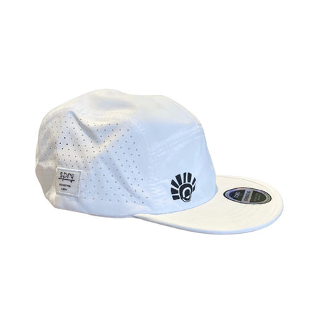 Side view of spry branded white running cap