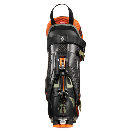 Back/heel view of a green/orange Tecnica Zero G Peak Carbon backcountry ski boot