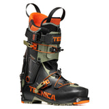Front angled view of a green/orange Tecnica Zero G Peak Carbon backcountry ski boot