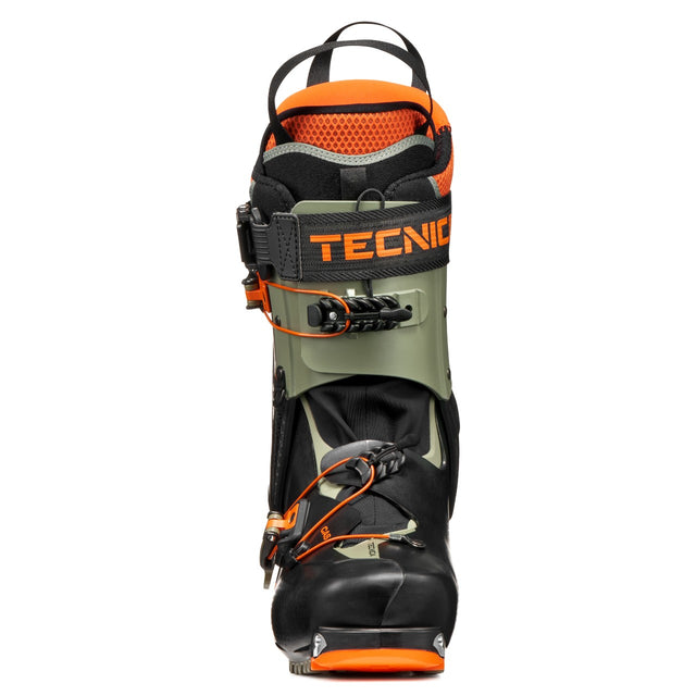 Front view of a green/orange Tecnica Zero G Peak Carbon backcountry ski boot