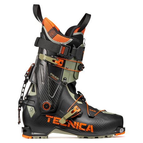 Side view of a green/orange Tecnica Zero G Peak Carbon backcountry ski boot