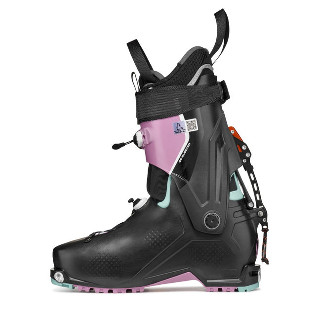 Inner side view of women's black/purple Tecnica Zero G Peak W backcountry ski boot