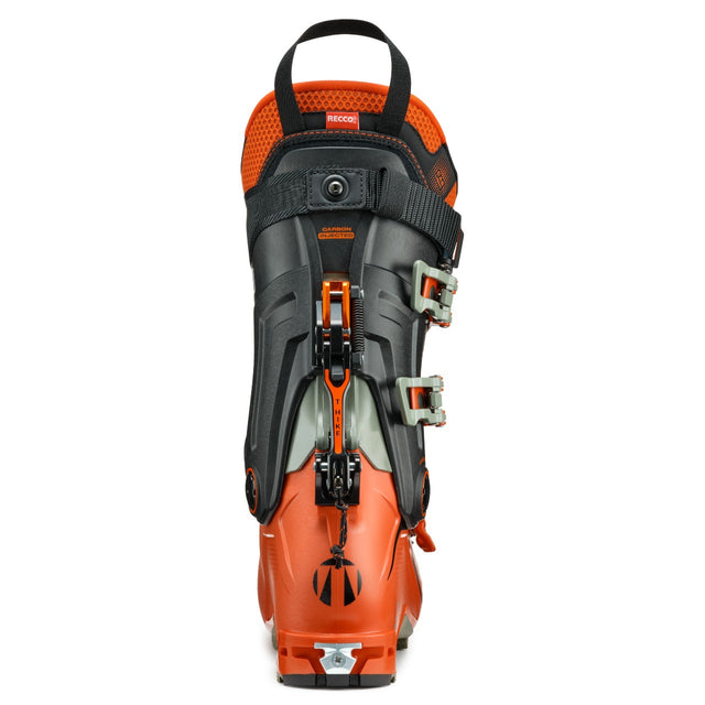 Back/heel view of an orange/black Tecnica Zero G Tour Pro backcountry ski boot