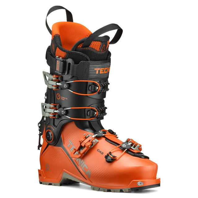 Front angled view of an orange/black Tecnica Zero G Tour Pro backcountry ski boot