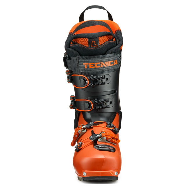 Front view of an orange/black Tecnica Zero G Tour Pro backcountry ski boot