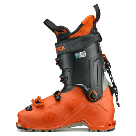 Inner side view of an orange/black Tecnica Zero G Tour Pro backcountry ski boot