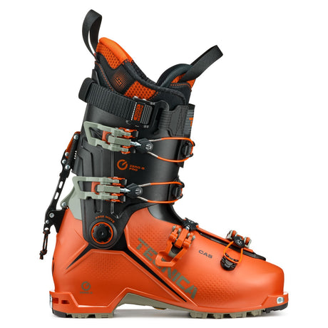 Side view of an orange/black Tecnica Zero G Tour Pro backcountry ski boot